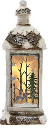ECD Germany Weihnachtslaterne Mit Warmweißem LED-Licht, 60cm, Weiß, Beige, Grünes Tannenbild, Verschneit, Batteriebetrieben, Weihnachtsdekoration für Innen