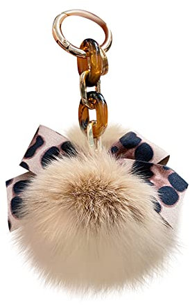 Asudaro Pompom Schlüsselanhänger, Flauschige Faux Plüsch Pompom Ball Tasche Anhänger Fuchspelz Taschenanhänger Mode Leopard Fliege für Frau Auto Spielzeug Schlüsselanhänger,Champagner