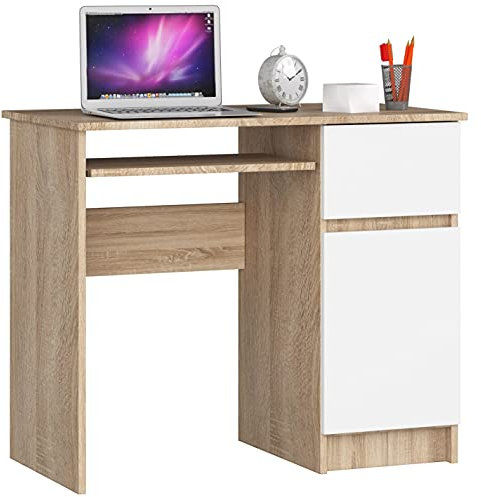 AKORD | Escritorio con Estante para Teclado | Escritorio de Oficina | Cajón y Contenedor en el Lado Derecho | para Computadora PC Portátil | 90x77x50 cm | 30 kg Roble Sonoma & Blanco