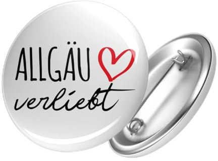 Huuraa Button Allgäu verliebt Ansteck Pin 59mm mit Namen deiner lieblings Region Geschenk Idee für Freunde und Familie