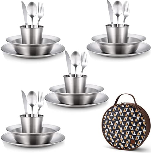 Odoland Set de Couvert Camping Inoxydable 25 en 1, Kit de Vaisselle Camping Poli pour 4 personne avec Assiette Bol Tasse Fourchette Cuillère Couteau Sac de Rangement pour Camping Randonnée Pique-nique