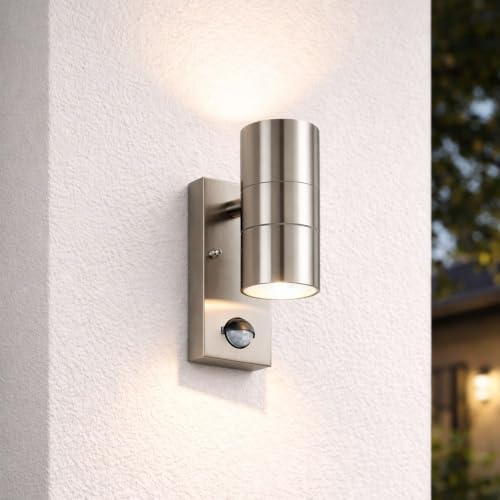 HOFTRONIC - LED Außenwandleuchte mit Bewegungsmelder und Dämmerungsschalter - GU10 2700K Warmweiß Edelstahl - Up and Down wandleuchte - Moderne Wandlampe IP64 Wasserdicht für Garten, Terrasse, Carport