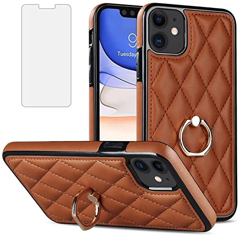 Phone Case for iPhone 12 Mini 5.4 with Tempered Glass Screen Protector Ring Holder Kickstand Slim Soft Quilted Leather Non-Slip Protective Cover iPhone12mini 5G i 12s iPhone12 12mini Women Men Brown