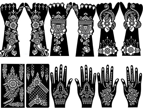 QSTOHENA Henna Tattoo Schablonen Kit,12 Blatt Schwarz Temporäre Tattoo Schablonen Mandala Blume indischer Araber Tattoos Aufkleber für Hand Arm Körperbemalung