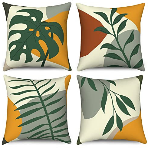 Hnmdmyi Kissenbezug Boho 40x40 4er Set, Abstrakte Blätter Natur Pflanzen Dekorative Kissenbezüge Mid Century Modern Minimalistisch Ästhetische Kunst Leinen Kissenhülle für Sofa Couch Bett Home Decor