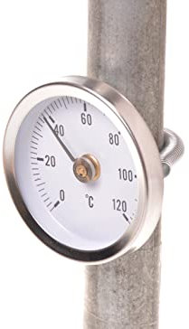 Aqbau® Anlegethermometer Ø 63 mm Bimetallthermometer 0-120°C Heißwasserthermometer Zeigerthermometer Heizungsrohre Stahlblech Verzinkt Präzise Zeigeranzeige Metallthermometer
