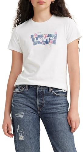 Levi's Women's The Perfect Tee- Graphic Batwing Logo T-Shirt, Tropical Flower Bright White, XS
