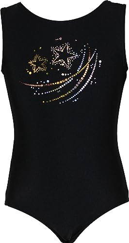 Gymnastikanzug Sterne Lycra Mädchen Turnanzug Kurzarm Kinder Turnbody kurzärmlich, Größe:164, Farbe:Lycra in Schwarz/STERNCHEN