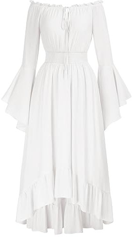 Scarlet Darkness Renaissance Fairy-Kostüm für Damen, schulterfrei, lange Glockenärmel, hoch niedrig, Weiss/opulenter Garten, L