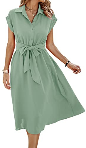 ASOMI Sommerkleid Damen Hemdkleid Kurzarm: Elegant Kurzarm Strandkleid Büro Wickelkleid Mode Tasche Hemdblusenkleid Lässig Blusenkleid Midikleid Knopf Plisseekleid V-Ausschnitt Gürtel Lichtgrün M