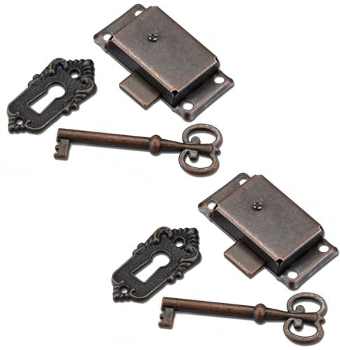 2 Pcs Vintage Lock Set, Antique Cabinet Door Lock with Key for Jewellery Boxes Drawers Wardrobe Classical Box - Square