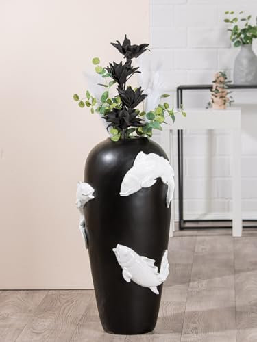 Casablanca Deko Vase groß Bodenvase - Vase XXL mit Koi Fischmotiv - Blumenvase aus Kunstharz - Dekoration Wohnzimmer Farbe: Schwarz Weiß Höhe 73 cm