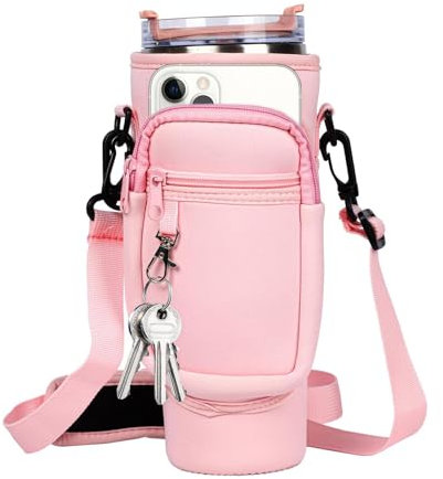 Feliciay Water Bottle Carrier Bag,Water Bottle Holder with Strap,40OZ Bottle Pouch HolderNeoprene Pouch Protector Sleeve,Water Bottle Bag with Adjustable Shoulder Strap(Pink)