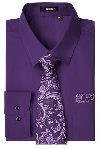 HISDERN Herren Hemd Langarm Lila Hemd mit Krawatte Set Formelle Unifarben Hochzeit Freizeithemden Regular Fit XL