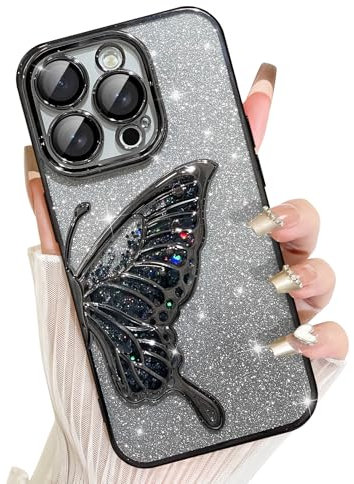 AIGOMARA für iPhone 12 Pro Max Hülle Glitzer, Handyhülle 3d Schmetterling Muster, Flüssig Treibsand, Schutzhülle Kameraschutz, Dünn Aesthetic Silikon Bumper Stoßfeste TPU Case, Mädchen Frauen, Schwarz