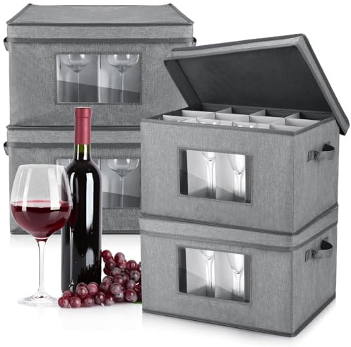 Uiifan 4 Pcs Wine Glass Storage Box with Dividers 12 Compartment Stemware Storage Cases China Container Box with Lid, Handles, PVC Window for Moving, Gray