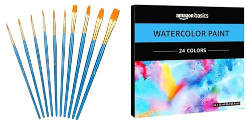 Amazon Basics 1 Lot de pinceaux, 10 Tailles différentes, Bleu + Tubes de Peinture Aquarelle, 24 Couleurs Assorties