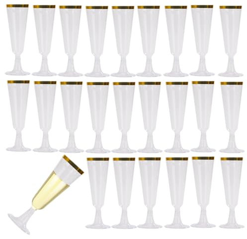 Naisfei 25 Pcs Champagne Flutes for Weddings, 150 ML Clear PVC Gold Rim Champagne Glasses, Crystal Wine Cocktail Cups for Garden Wedding Anniversary Party-Reusable