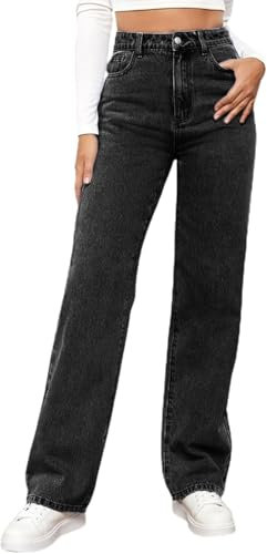 MANGGUO Jean Femme Taille Haute Coupe Droite Straight Jeans Baggy Jambes Larges amincissantes avec Tous Les Pantalon Automne Hiver Elastique Classique en Denim Jean Coupe（Couleur：Noir,Size：M）