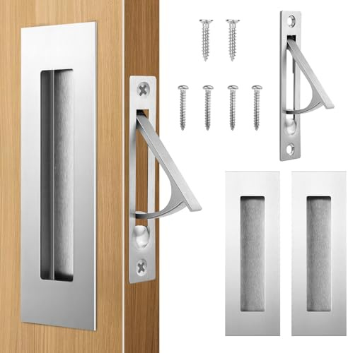 HBL' Pocket Door Hardware Set, 2 Flush Finger Pulls & 1 Edge Pull, Black | Made of 304 Stainless Steel Handles, Template Included