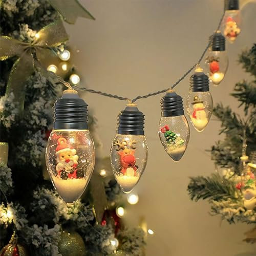 Guirnalda de luces de Navidad vintage – Bombillas LED, con árbol y nieve y bonitos adornos, decoraciones de Navidad para interiores y exteriores, cadena de luces de Navidad para decoración de