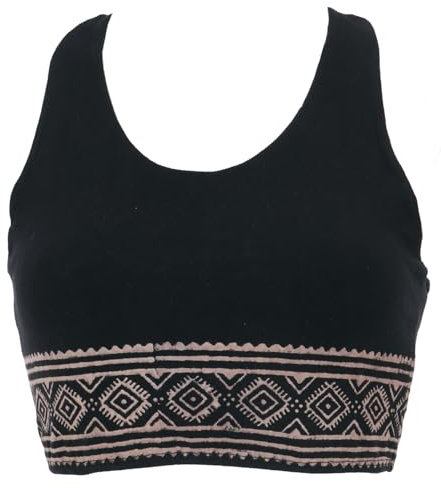 GURU SHOP Goa Psytrance Bikini Top, Boho Top, Yoga Bra Top mit Druck - Schwarz, Damen, Size:L