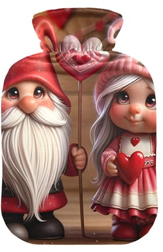 Valentine Gnomes Wärmflasche mit weichen Bezugsfüßen und Bettwärmer, Wärmbeutel für Nacken, Schulter und Menstruationskrämpfe, 2 l