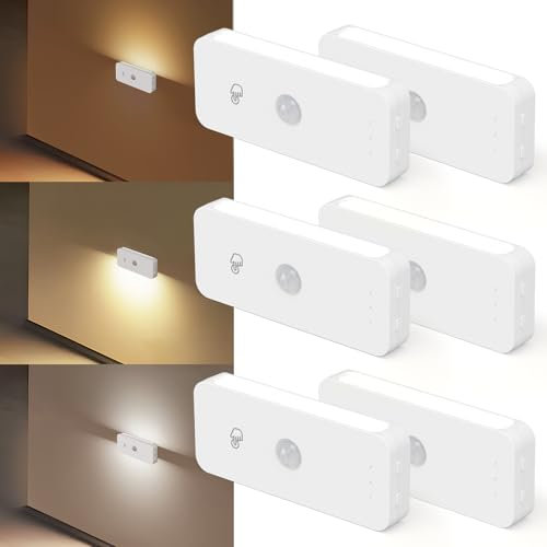 WUYOR Nachtlicht mit Bewegungsmelder, Kabellos Wiederaufladbares LED Treppenlichter, Bewegungsmelder Innen, Nachtlicht Kinder und 3 Farbtemperatur Modi für Flur, Treppe, Badezimmer, Küche (6er-Pack)