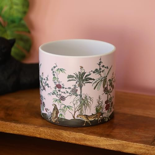 Fyne-Finds Ceramic Pink Planter Jaguar Jungle Palm Tree Scene Indoor 12cm, 5inch Plant Pot Home Decorative