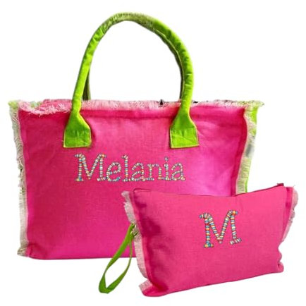 Borsa mare con pochette Personalizzabile con ricamo. Borsa spiaggia con zip in canvas 100% cotone. Idea regalo donna (Fucsia, 50x35)