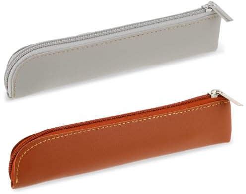 GEEHUA 2 Pcs PU Leather Slim Pencil Case, Portable Pencil Pouch Small Zipper Pen Bag Stationery Pouch Case for Students Stationery Pens Pencils Markers(Brown+Gray)