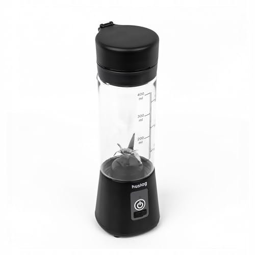 Huslog Batidora Portátil sin Cable 180W, 6 Cuchillas de Acero Inoxidable, 470 ml, USB-C/USB-A Recargable, Cierre de Seguridad, Asa de Transporte, para Smoothies y Batidos de Proteínas, Negro