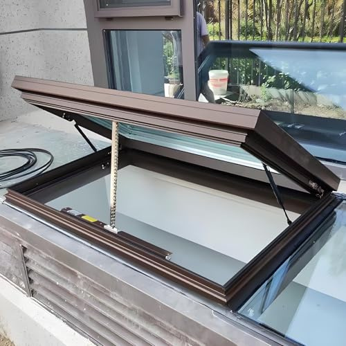 Ventana de tejado personalizable con apertura eléctrica, vidrio templado de doble capa, elevación a gas, control remoto y sensor de lluvia, para invernaderos, sótanos, áticos(Brown,LxW 60x50cm/23.6x19