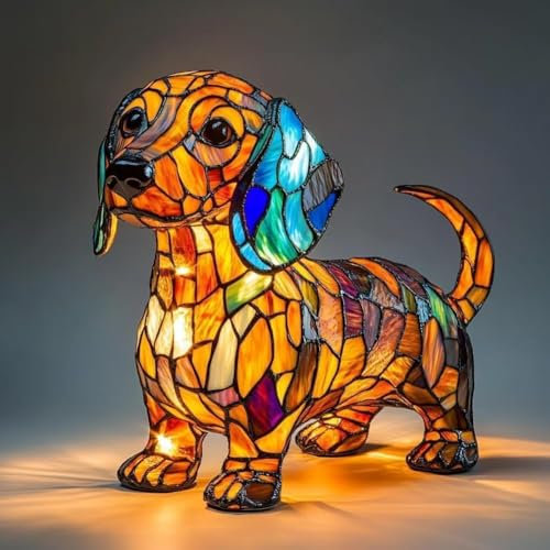 HVZUYY Katzenlampe Mosaik, LED Hundelampen Serie Aus Harz, Katzenlampe Tiffany, Corgi Lampe und Mops/FranzöSische Bulldogge/Dackel Lampe (Dackel)