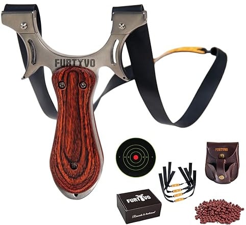 Kit Professionale da Tiro Adulti, Custodia in Pelle, 4 Elastici di Ricambio, 200 Pallini in Argilla Biodegradabile, Bersaglio adesivo | Professionale da Caccia | Professionale di Precisione