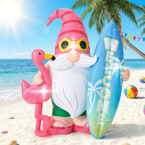 Sonwyoung Nain d'été gonflable de 1,2 m - Décorations d'extérieur lumineuses avec planche de surf - Gonflable - Pour décoration de piscine tropicale, fournitures de fête hawaïennes (flamant rose)