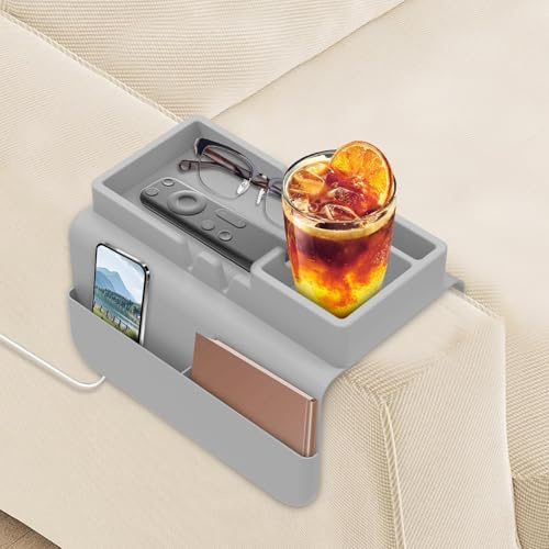 Caffney Couch Cup Holder,Silicone Sofa Armrest Tray,Anti-Slip Armrest Tray with Dual Side Pockets Sofa Drink Holder Couch Arm Trays for Remote Control Soda Can Coffee Cup(grey)