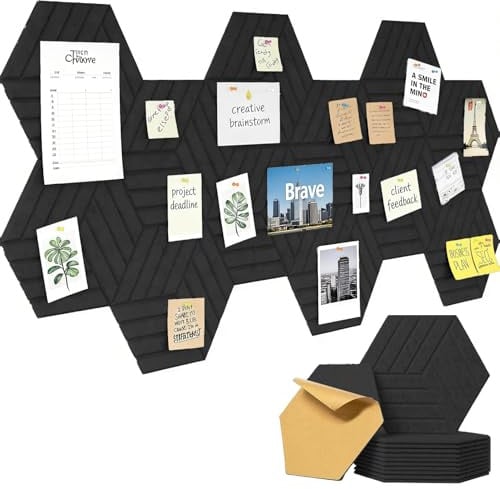 CAIEJSAEN 12 Stück Pinnwand Filz Selbstklebend Geteilt Korkplatte Filzplatte Selbstklebende Dicke Filz-Pinnwand Memotafeln für Foto Hängen Hexagon Cork Boards Wanddekoration (Schwarz)