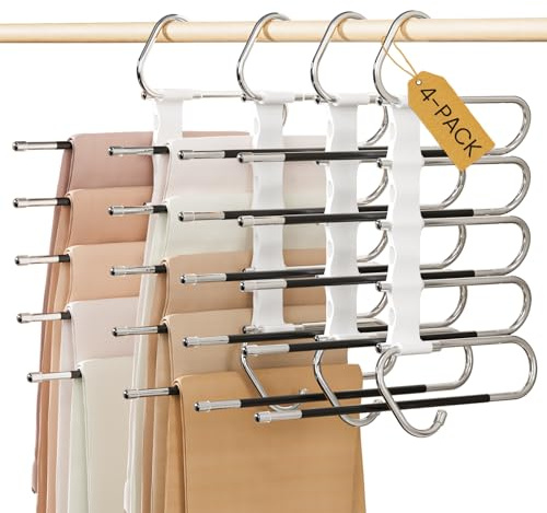 DAMITA Hosenbügel Kleiderbügel Hosen Platzsparend Weiß Kunststoff 4 Stück 5 in 1 Plastik Edelstahl Stabil Faltbare Keine Installation Erforderlich Schrank Organizer Schals Jeans Kleidung