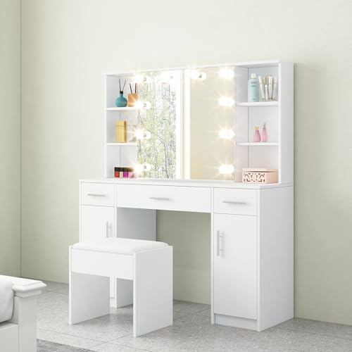 Große Schminktisch mit LED Beleuchtung und Spiegel,Frisiertisch mit Schiebespiegel Geheimfach und Hocher,Einstellbarer Helligkeit,3 Schubladen,2 Türen,6 offenen Ablagen,Modern Vanity,120x40x140 cm