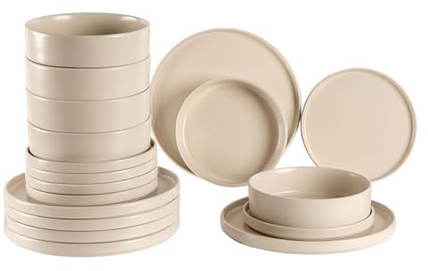 Set 18 Piatti in Porcellana Colorati Servizio Tavola Moderno 6 Persone Piatti Piani Ø27 cm, Fondi Ø20 cm e Dessert Ø19 cm Lavastoviglie e Microonde Certificati per Contatto Alimentare - Crema