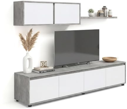 duehome | Conjunto Reversible de Salon, Mueble de TV, Modulos de Comedor, Modelo Arlet, Acabado en Cemento y Blanco Artik, Medidas: 200 cm (Largo) x 41 cm (Fondo) 43 cm (Alto)
