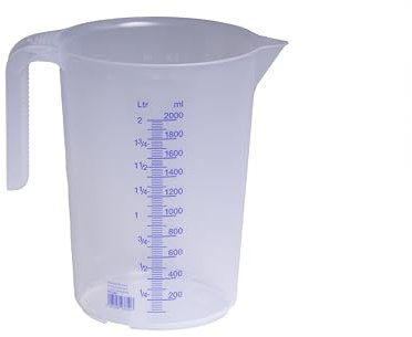 hünersdorff Messbecher 2l | Polypropylen (PP) | bruchsicher und spülmaschinengeeignet | offener Griff | blaue Skala, Transparent+blau