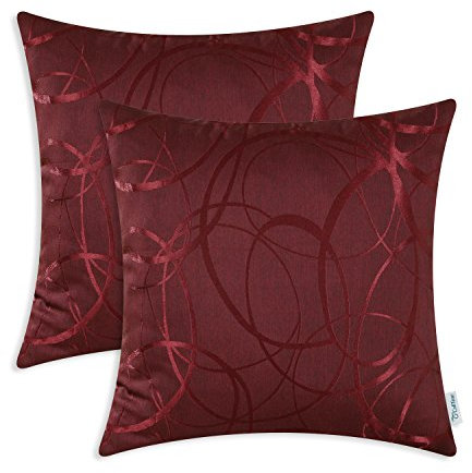 CaliTime Kissenbezüge Kissenhülle Packung mit 2 Schalen für Couch Sofa Heimdekoration modern glänzend und matt Kontrast Kreise Ringe geometrisch 50cm x 50cm Burgund