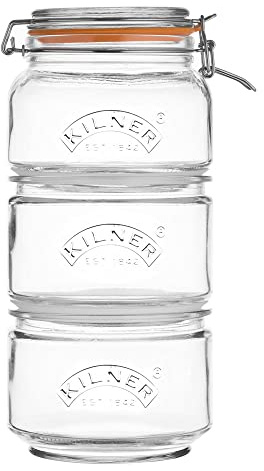Kilner Vorratsgläser 3er-Set, stapelbar, 900 ml, Glas, Silikondichtung | transparent, Clipdeckel, für Kekse, Nüsse und Zubehör, platzsparend, luftdicht verschließbar, 32 cm