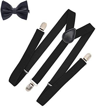 WannGe Herren-Hosenträger 2,5 cm, elastisch, verstellbar, Y-Rücken, zum Anklippen, Set mit Hosenträgern und Fliege, Schwarz, Einheitsgröße