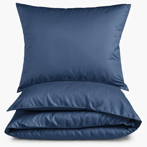 Carpe Sonno Mako Satin Bettwäsche 135x200 cm Marine-Blau - Hochwertiger Bettbezug aus 100% gekämmter Baumwolle – Ganzjahresbettwäsche Bettgarnitur Set 2teilig mit Kopfkissenbezug Uni blau einfarbig