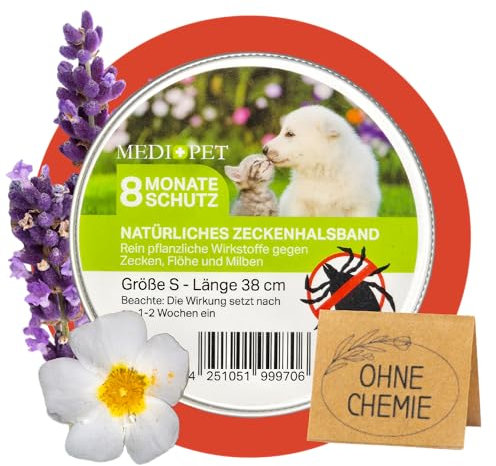 MEDIDOG Natürliches Zeckenhalsband – 8 Monate Schutz vor Zecken, Flöhe und Milben, für kleine Hunde & Katzen – mit Zistrose- & Lavendelöl – ohne Chemie