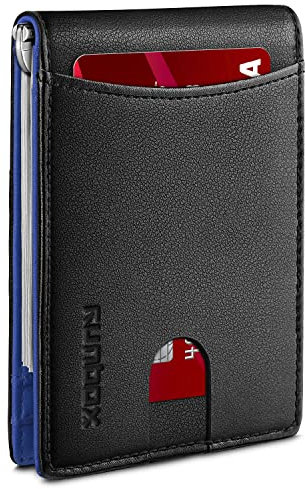 RUNBOX Minimalist Slim Wallet for Men with Money Clip RFID Blocking Front Pocket Leather Mens Wallets(Blue&Black)…