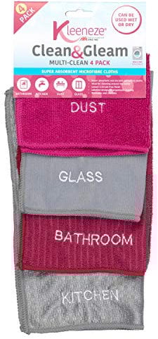 Kleeneze KL068118EU Super Absorbent Microfibre Cloths - Cleaning and Removing Bacteria, Pack of 4, Pink and Grey, Ideal for Dusting, Cleaning Glass, Bathrooms and Kitchens, Streak-Free, Washable